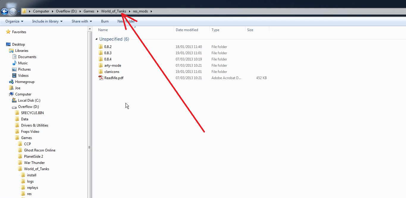 World of Tanks folder opened showing res mods folder highlighted