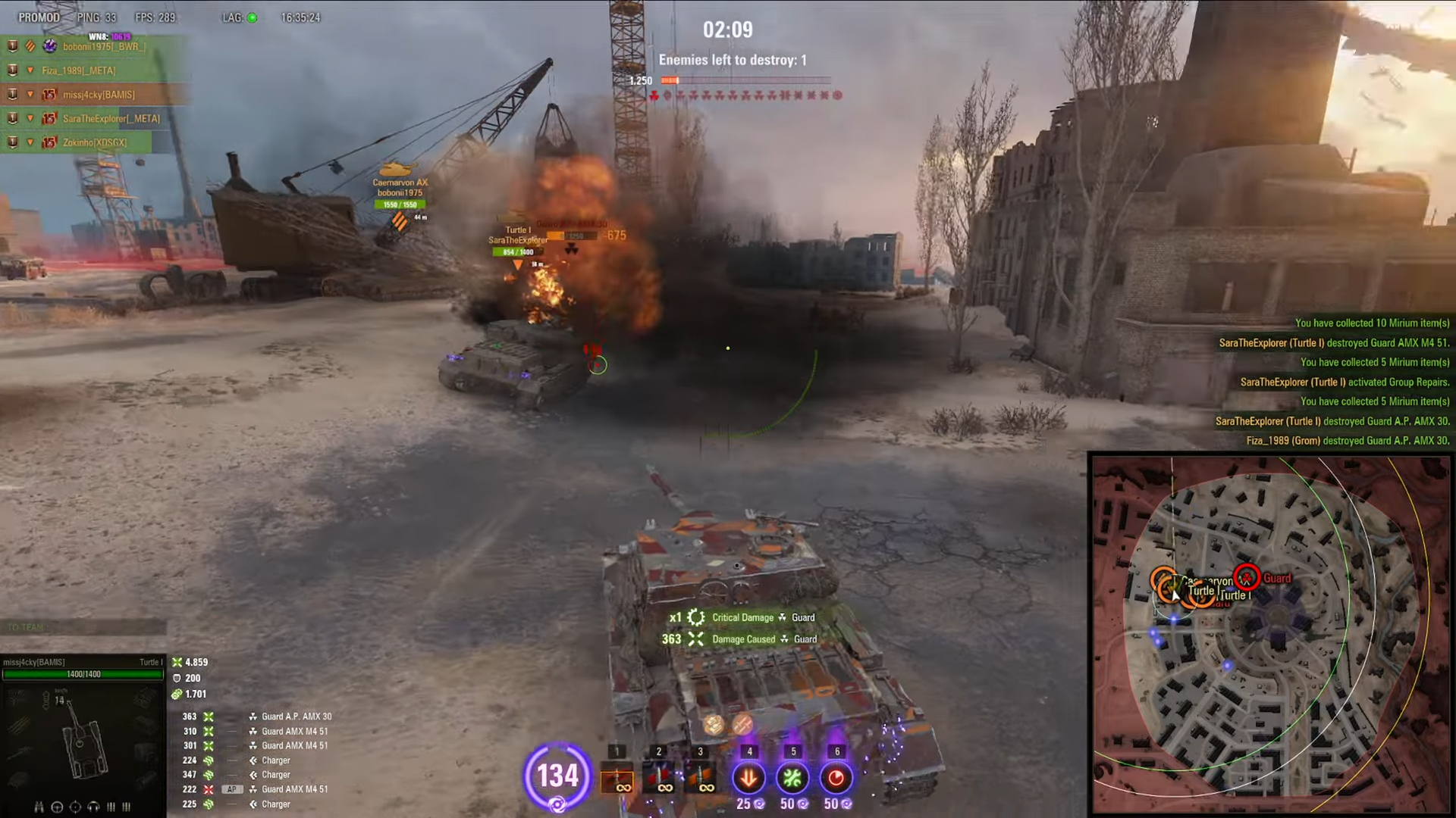 World of Tanks Last Stand battle scene with burning enemy tank and explosion effects on destroyed urban map with one enemy remaining.