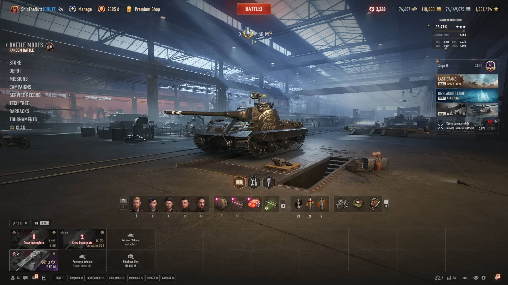 E 50 M tank displayed in the World of Tanks garage with a custom camouflage inside a large industrial hangar