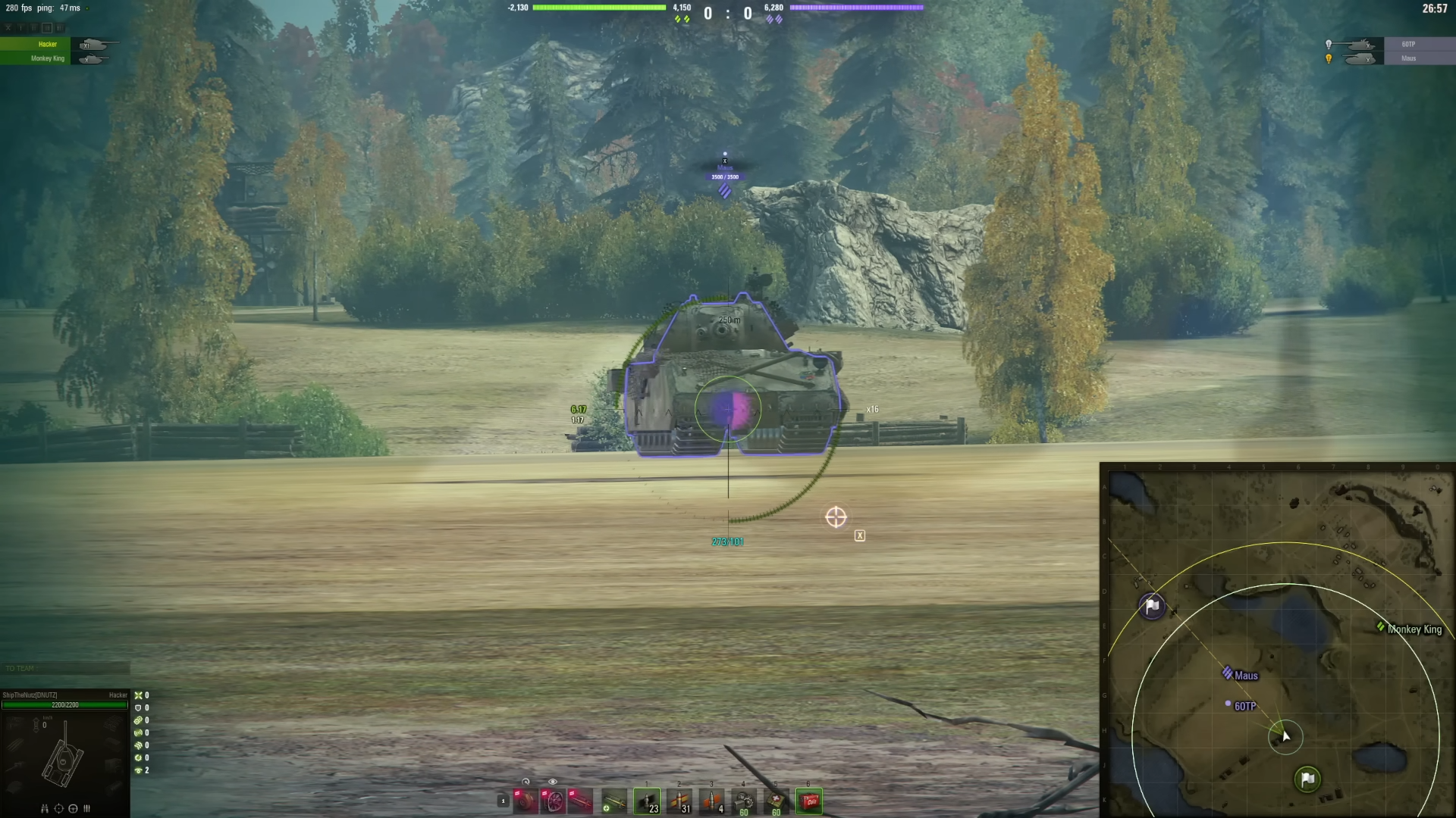 Sniper view targeting a front-facing Maus tank on an open field in World of Tanks