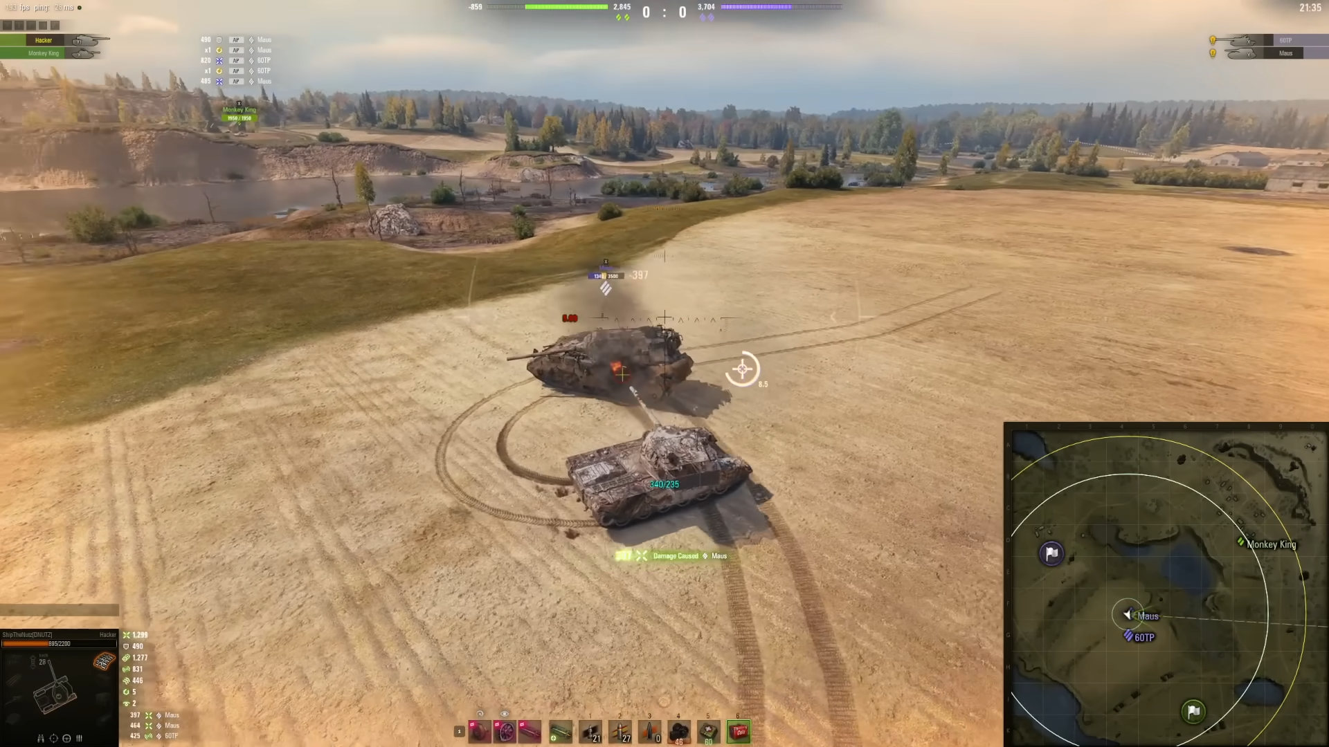 Two heavy tanks fighting at close range on an open field in World of Tanks, with one vehicle ramming and firing at the other