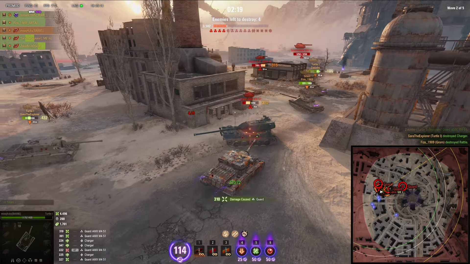 World of Tanks Last Stand game mode aerial view showing destroyed urban battlefield with multiple enemy tanks and wave 2 of 5 objective counter.