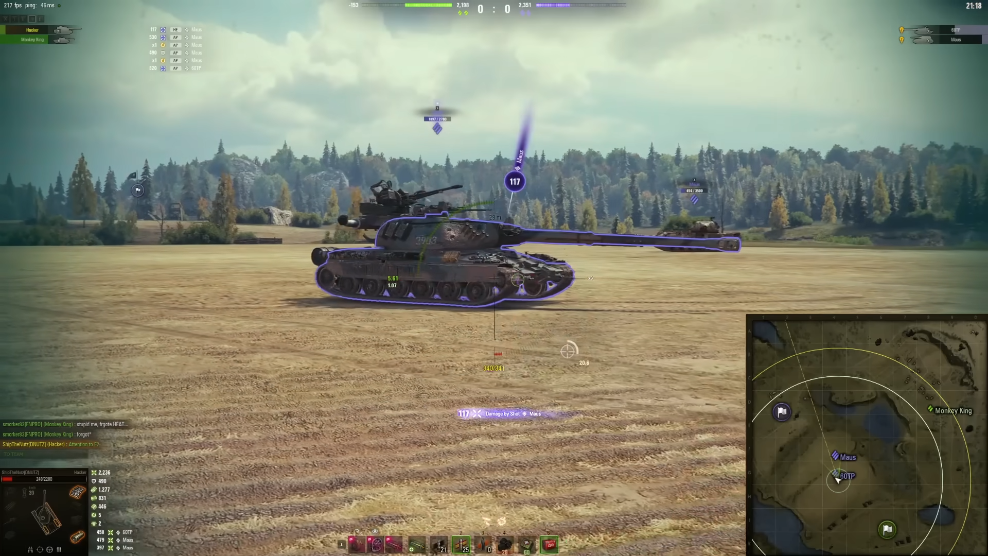 World of Tanks sniper view aiming at enemy tank with purple hitbox indicator and damage counter displayed on open field map
